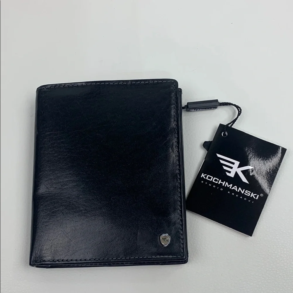 Kochmanski Black Leather Mens Trifold Wallet RFID secure ID Pockets New NWT